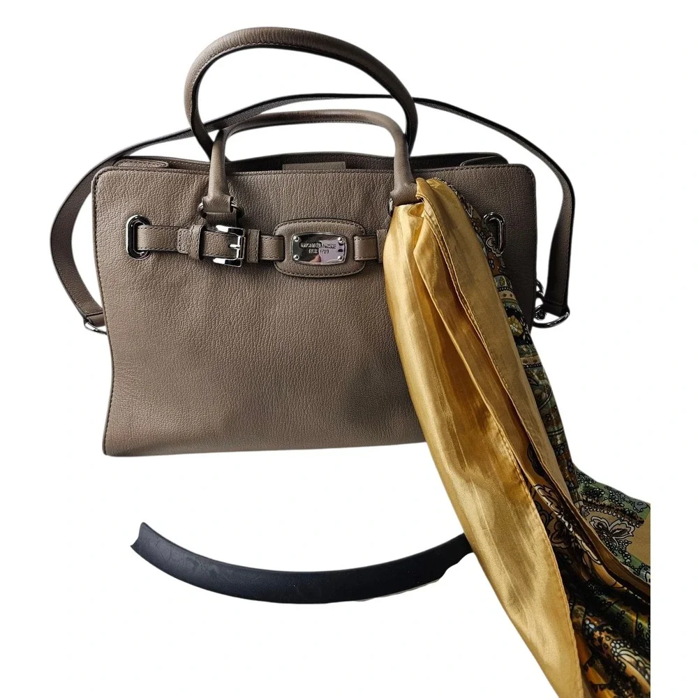 Michael Kors Hamilton Taupe Pebble Leather Satchel Bag with‎ Scarf Accent